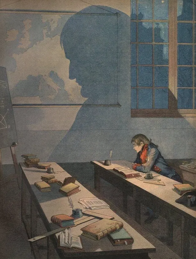 Bonaparte as a student at Brienne, writing at his desk at night, the shadow of the future emperor cast on the wall behind him.